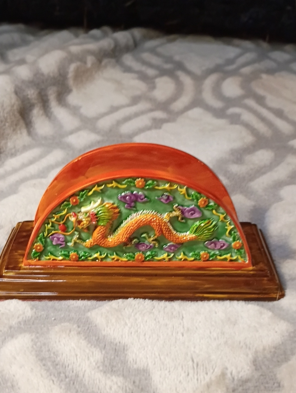 Vintage Chinoiserie Dragon Motif Napkin Holder - Vibrant Orange & Green